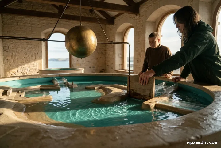 Detailed concept art of a tidal mechanics learning workshop showing a learner adjusting a wooden floodgate as turquoise water moves through a miniature coastal basin beneath a brass moon sphere.