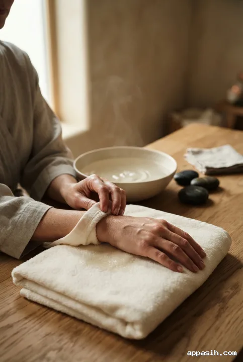 Close cinematic portrait composition of anonymous hands gently lifting an ivory warm towel around the left wrist, with a matte ceramic water bowl, three dark river stones, and softly glowing window light in a tranquil oak-table wellness studio.