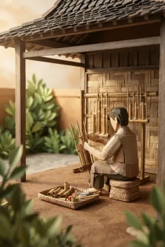 Layered paper cut diorama of a Sundanese bamboo angklung workshop, showing an artisan assembling a traditional instrument inside a warm wooden pavilion.