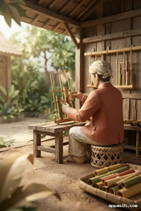 Detailed layered papercraft scene of a Sundanese artisan fitting bamboo tubes into an angklung, with two hanging instruments inside a sunlit traditional workshop.