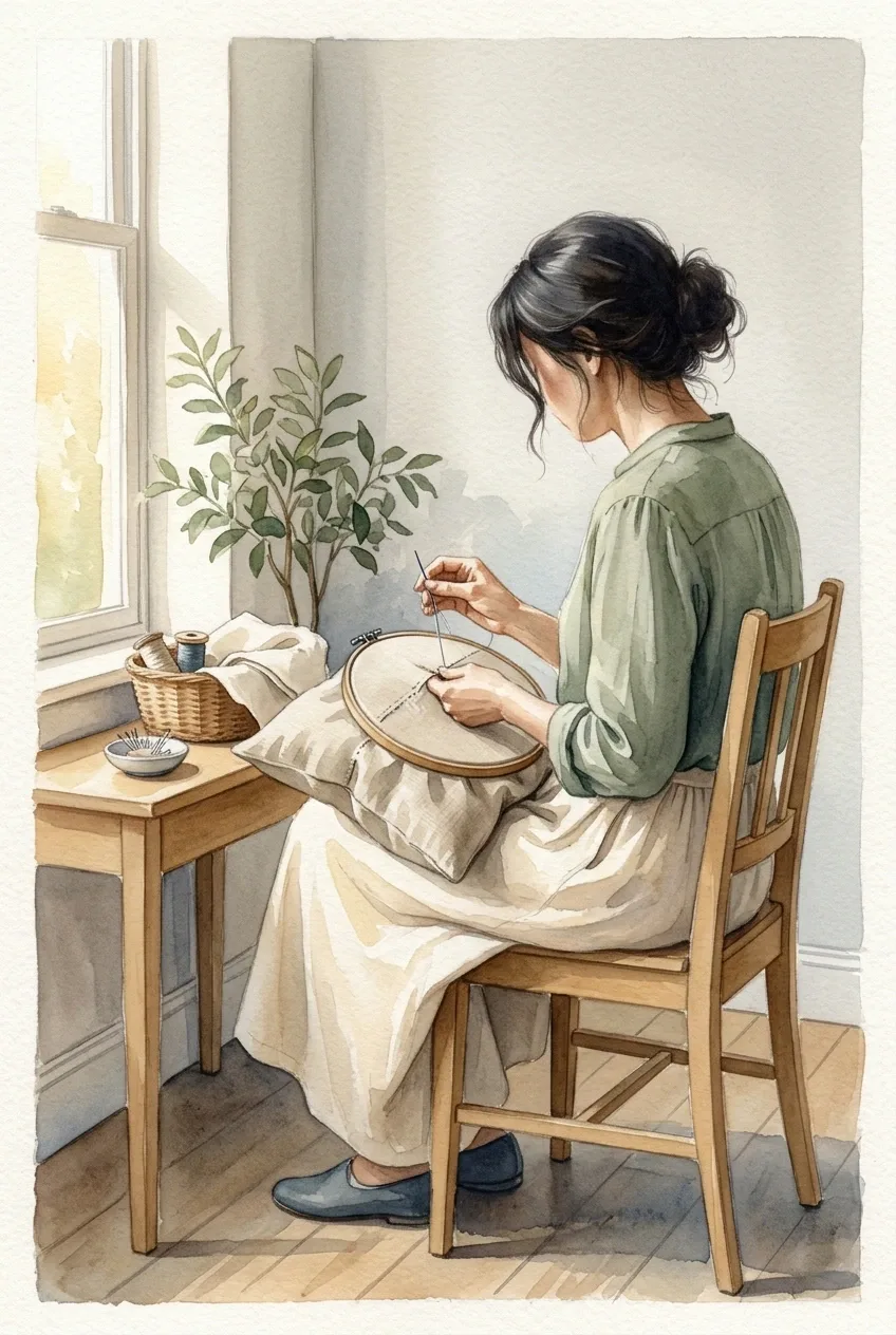 Traditional watercolor painting of an anonymous woman carefully mending an oatmeal linen cushion with a wooden sewing hoop beside a sunlit home window, surrounded by thread spools, folded fabric, and a leafy plant.