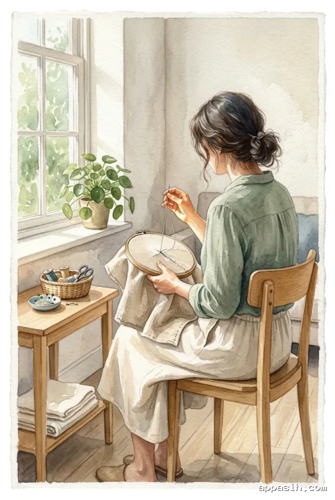 Detailed watercolor painting of an anonymous woman drawing pale thread through an oatmeal linen cushion in a wooden sewing hoop beside a warm morning window, with a ceramic pin dish, woven thread basket, folded linen, and leafy houseplant.