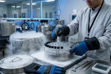 Cinematic biomedical biobank laboratory showing a researcher in cryogenic protective gloves placing a sealed sample vial into a stainless steel rack beside a liquid nitrogen storage vessel with drifting cold vapor.