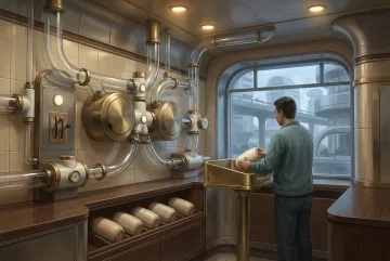 Retro-futuristic pneumatic parcel sorting station concept art showing an anonymous operator loading an ivory ceramic capsule into a brass cradle beneath transparent transport tubes inside a nostalgic sci-fi dispatch room.