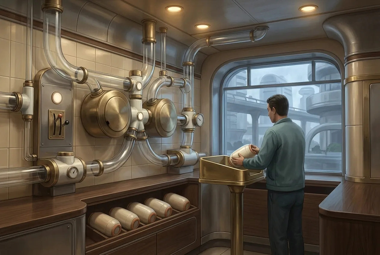 Retro-futuristic pneumatic parcel sorting station concept art showing an anonymous operator loading an ivory ceramic capsule into a brass cradle beneath transparent transport tubes inside a nostalgic sci-fi dispatch room.