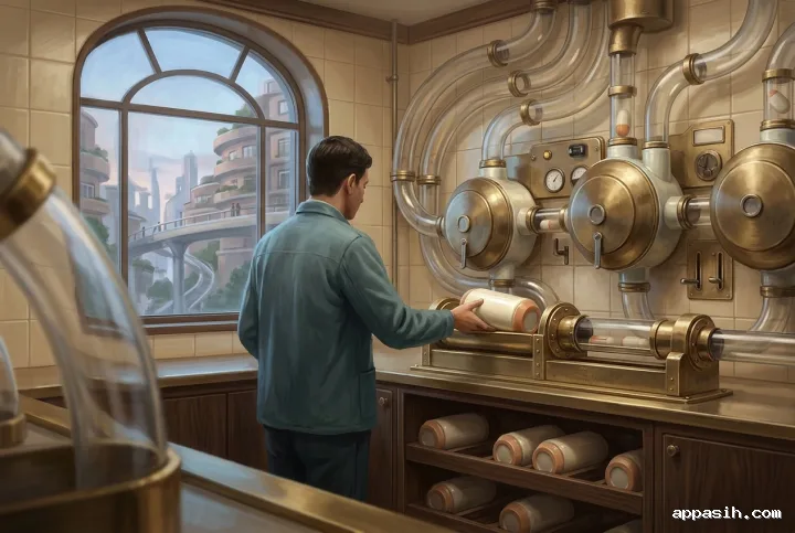 Detailed sci-fi concept art of a retro-futuristic pneumatic parcel sorting station with an operator placing an ivory capsule into a brass loading cradle, transparent tubes in the foreground, and warm light reflecting across vintage-inspired machinery.