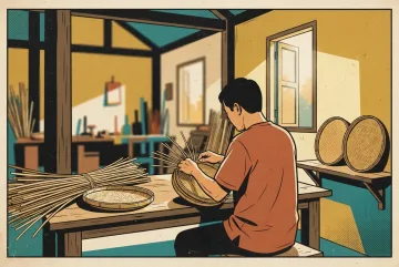 Retro Pop Art illustration of a traditional bamboo weaving workshop, with an artisan weaving a circular basket at a wooden bench among bamboo strips and finished woven trays, rendered in mustard yellow, turquoise, and burnt orange halftones.