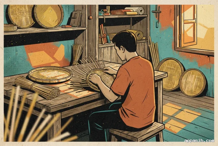Detailed Retro Pop Art scene of an artisan guiding a bamboo strip into a circular woven basket inside a traditional heritage workshop, with foreground bamboo fibers, finished trays, golden window light, and layered turquoise halftone shadows.