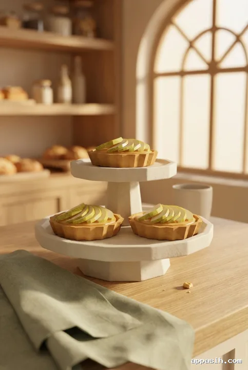 Detailed Low Poly 3D illustration of three pear tartlets with faceted golden crusts and geometric green pear slices on a two-tier ivory ceramic stand, viewed closely in a sunlit artisan bakery.