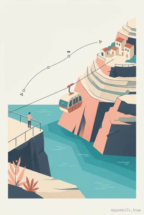 Ilustrasi infografis perjalanan kereta gantung kecil di ngarai pesisir dari sudut lebih dekat, dengan tanaman tepi batu di foreground, satu kabin melintasi air turquoise, jalur penanda tanpa tulisan, dan desa bertingkat bercahaya sore.