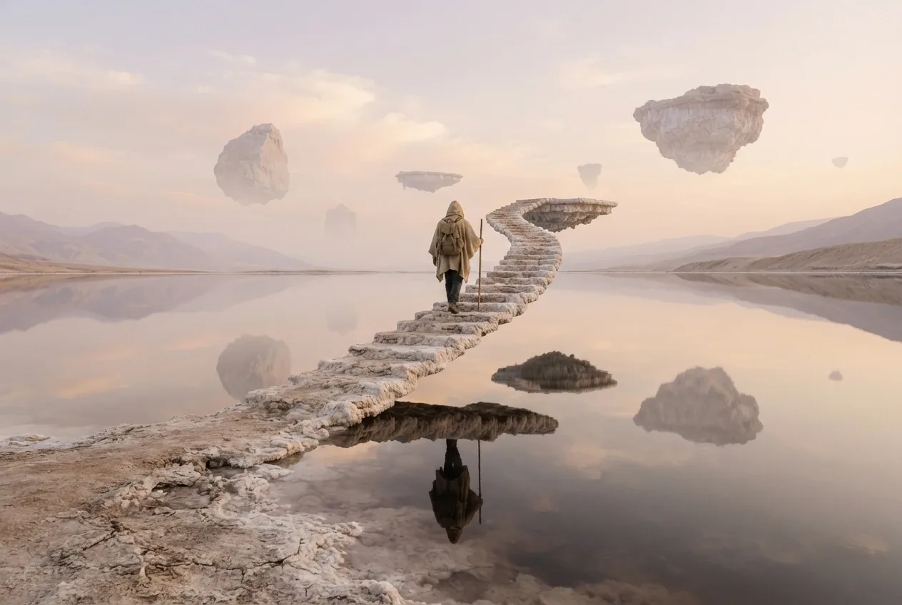 Anonymous traveler walking up a floating salt-stone stairway above a reflective desert lagoon, surrounded by suspended mineral terraces and pale mountains in a surreal landscape.