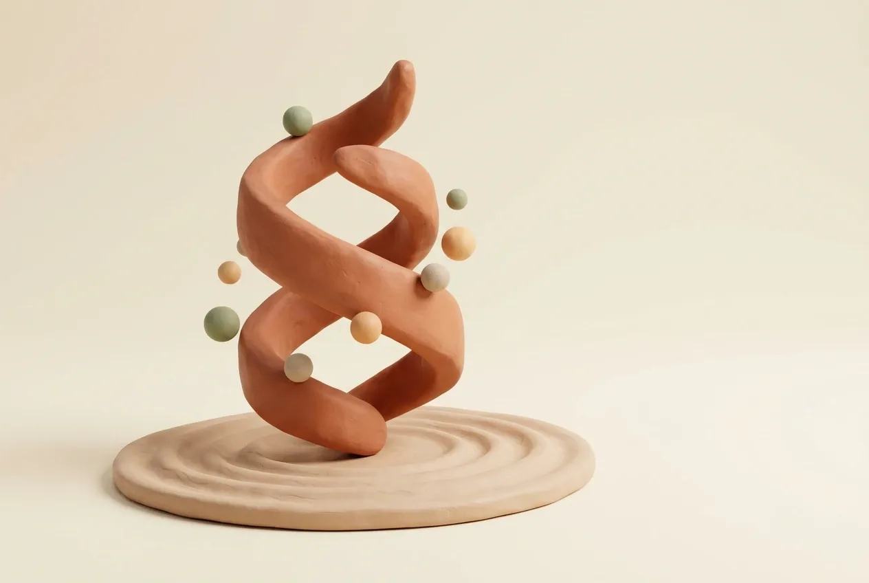 Abstract Claymation 3D sculpture of a terracotta spiral helix with five floating pastel ceramic beads above concentric clay ripples on an ivory circular platform.