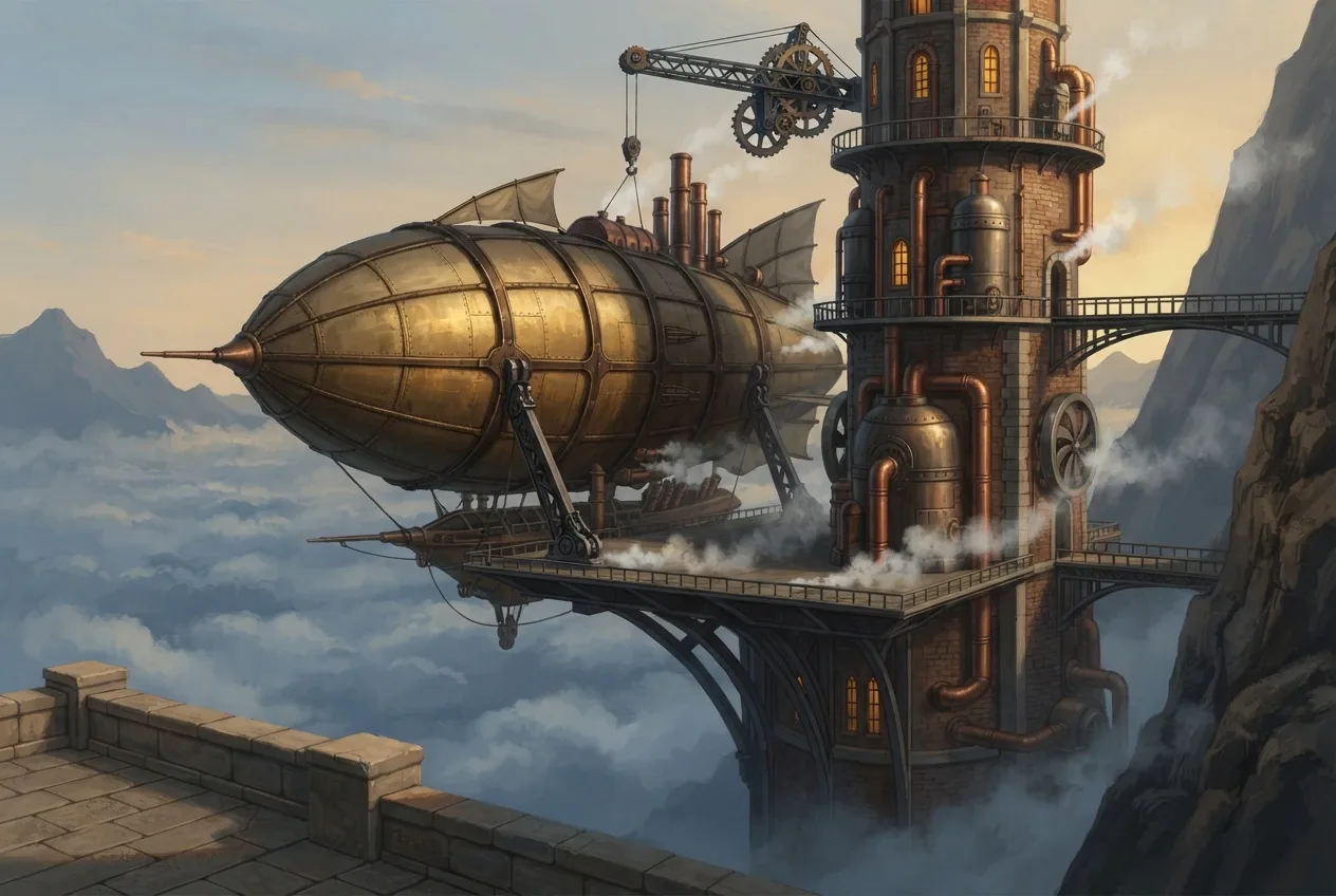 Steampunk concept art of a brass steam airship docked at a towering mountain skyport with copper pipes, iron cranes, glowing boiler windows, and clouds below.