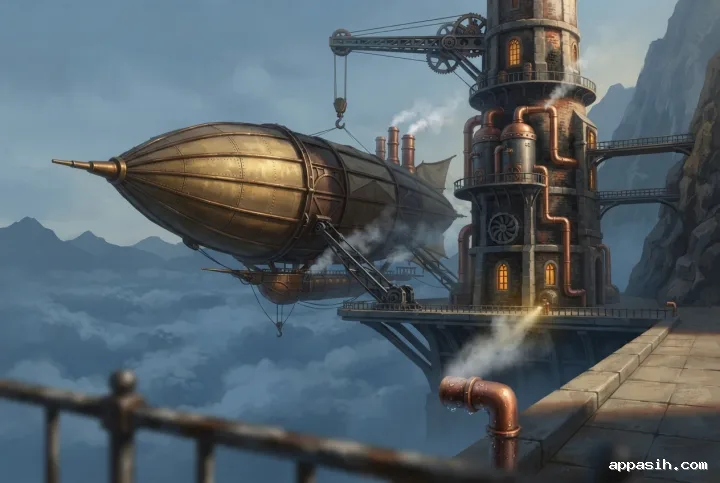 Detailed steampunk concept art of a brass airship moored at Brasswind Skyport, showing iron docking machinery, copper steam pipes, a weathered mountain tower, and golden light above the clouds.