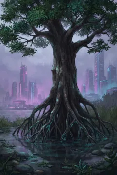 Cyberpunk concept art of a colossal mangrove tree with glowing cyan roots in a reflective tidal wetland, backed by violet mist and neon-lit futuristic city towers.