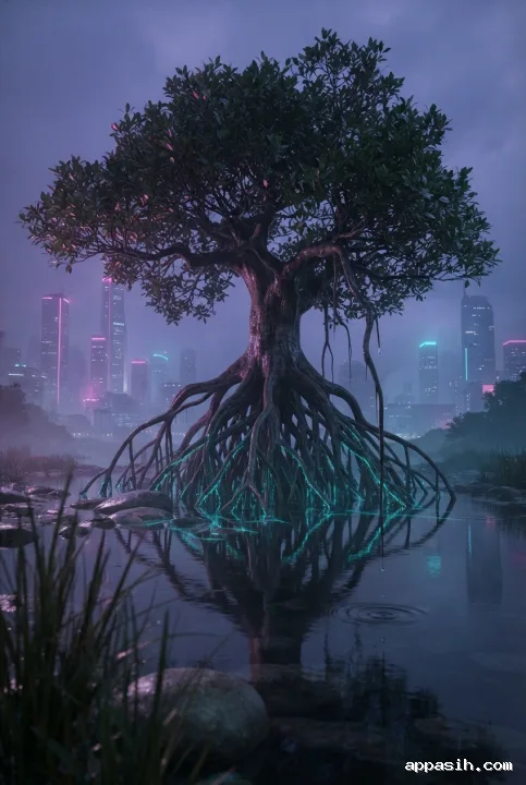 Detailed cyberpunk concept art of an ancient mangrove tree with luminous cyan stilt roots, a falling water droplet, wet reeds, and a violet futuristic city skyline beyond the tidal sanctuary.