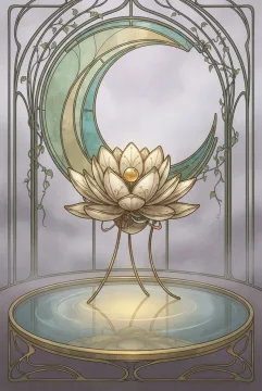 Retro Art Nouveau illustration of an ivory and brass mechanical water lily floating above a still pool inside a misty glass conservatory with a large crescent stained-glass window.