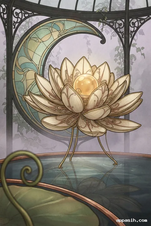 Detailed Retro Art Nouveau scene of a floating ivory enamel clockwork lily with an amber dew sphere above a reflective pool, framed by curved vines and a crescent stained-glass conservatory window.