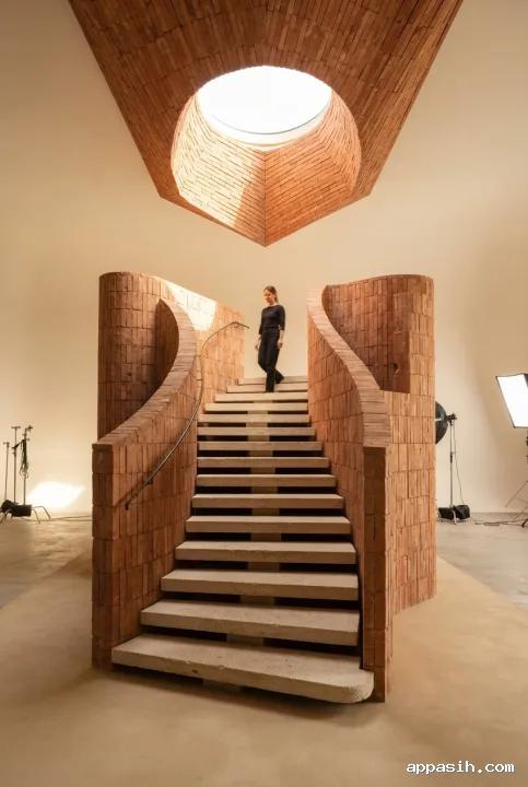 Close three-quarter architectural studio view of a terracotta stair pavilion showing textured limestone steps, folded handmade brick canopy, and warm light entering through a circular skylight.