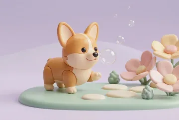 Glossy 3D Plastic Toy Style corgi puppy with orange and cream molded-plastic body lifting one paw toward a floating bubble in a pastel miniature garden with pink flowers, stepping stones, and tiny green shrubs.