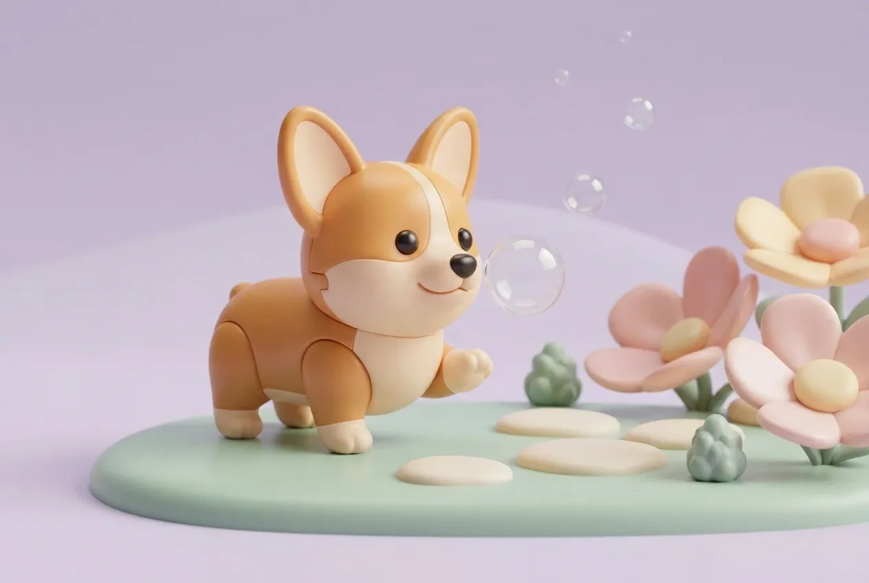 Glossy 3D Plastic Toy Style corgi puppy with orange and cream molded-plastic body lifting one paw toward a floating bubble in a pastel miniature garden with pink flowers, stepping stones, and tiny green shrubs.