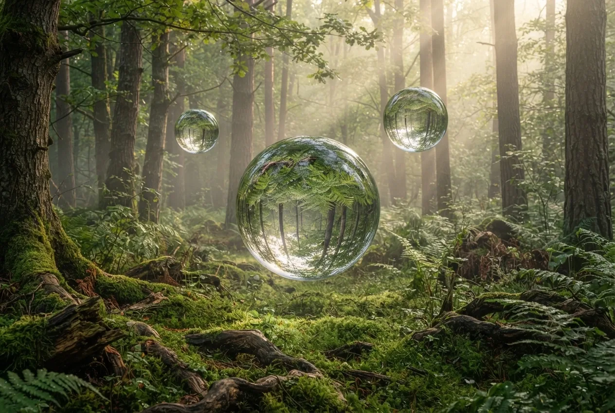 Three enormous transparent dew orbs levitating above emerald moss and ancient tree roots in a surreal forest clearing, reflecting inverted ferns beneath soft golden morning light.