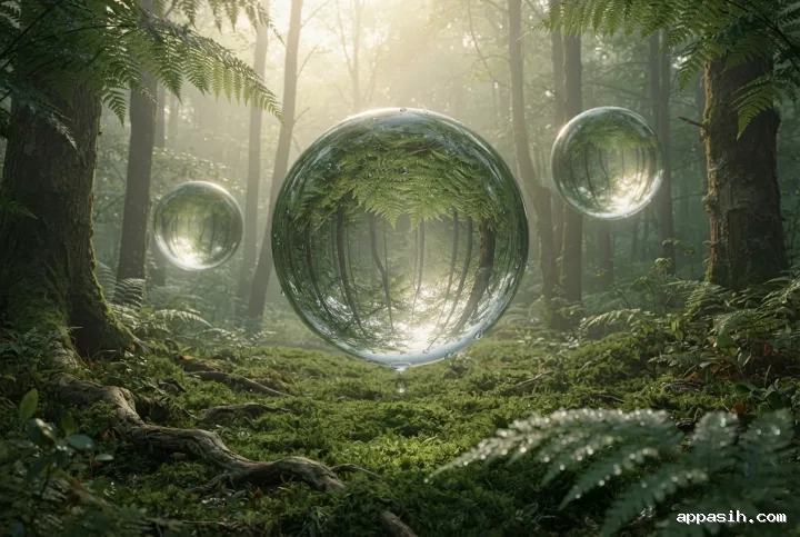 Closer surreal view of three transparent dew orbs hovering above a mossy ancient forest clearing, with inverted fern reflections, a dew-covered foreground fern, winding tree roots, and warm sunlight filtering through morning mist.