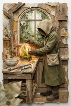 Hooded moss lantern keeper in an olive fabric coat tending a glowing glass moss terrarium on a wooden workbench inside a woodland workshop, depicted as a layered handmade paper and botanical fabric collage.