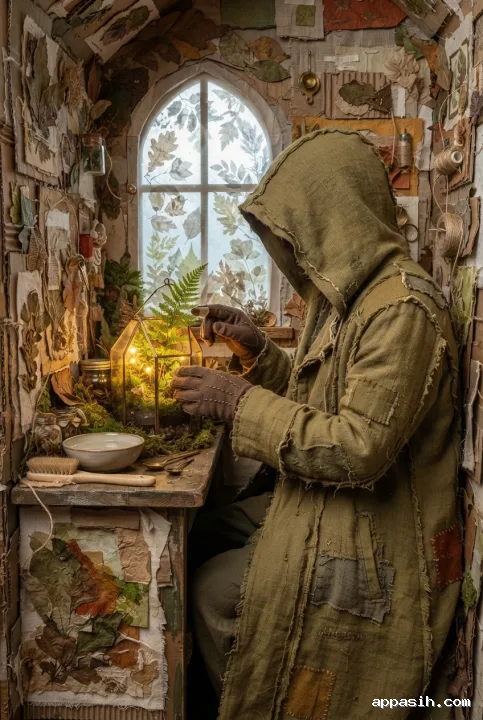 Close three-quarter view of a hooded moss lantern keeper gently touching a fern inside an amber-glowing terrarium in a woodland workshop, with stitched olive fabric, layered cardboard, torn paper edges, and pressed botanical collage details.
