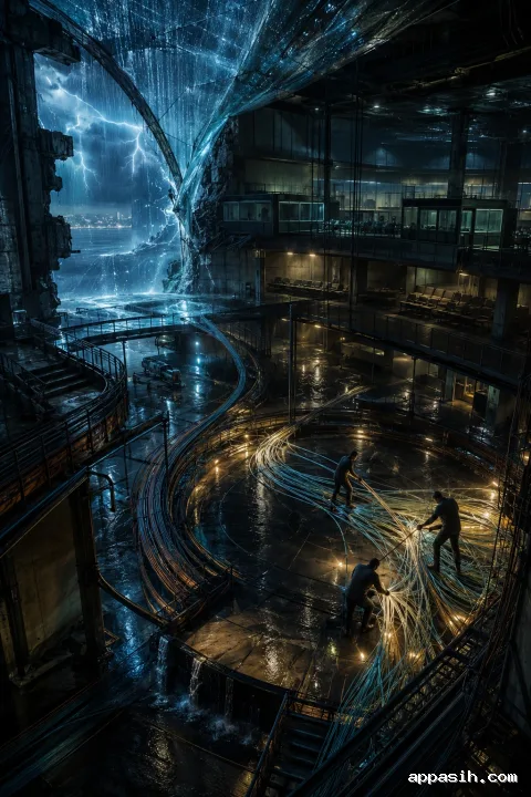 Three anonymous night-shift workers guide glowing signal strands across a storm-lit multilevel processing chamber, representing hidden labor behind digital systems.
