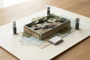 Handcrafted mixed media collage of a modular environmental sensor garden featuring three metallic sensor towers, five paper seedlings, copper-thread circuits, and layered recycled materials on an ivory board.