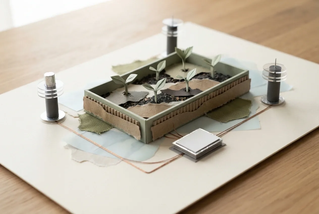 Handcrafted mixed media collage of a modular environmental sensor garden featuring three metallic sensor towers, five paper seedlings, copper-thread circuits, and layered recycled materials on an ivory board.