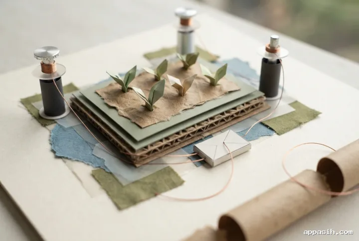 Close three-quarter view of a modular environmental sensor garden mixed media collage with three metallic towers, five folded-paper seedlings, copper-thread connections, textured cardboard, and translucent acetate layers.