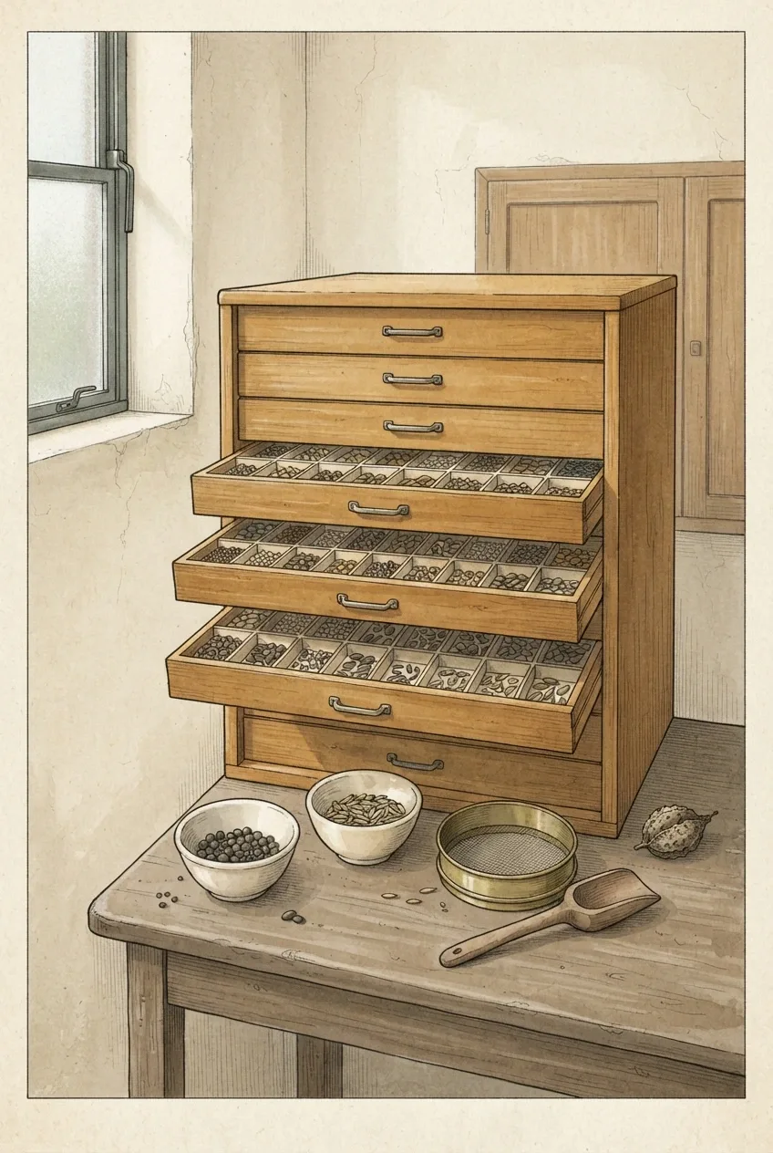 Retro scientific illustration of a wooden botanical seed sorting cabinet with partially opened specimen drawers, brass sieve, cream ceramic seed bowls, and a dried seed pod inside a mid-century agricultural laboratory.