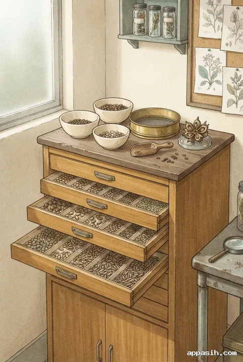 Detailed vintage scientific illustration of a mid-century wooden seed sorting cabinet seen from a closer three-quarter angle, showing open botanical specimen drawers, ceramic seed bowls, a brass sieve, wooden scoop, and dried seed pod under warm laboratory window light.
