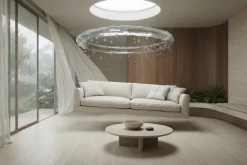 Interior ruang keluarga surreal dengan sofa linen ivory melayang di atas lantai batu kapur, meja travertine bundar, cincin air transparan di bawah skylight, dan jendela taman berkabut.