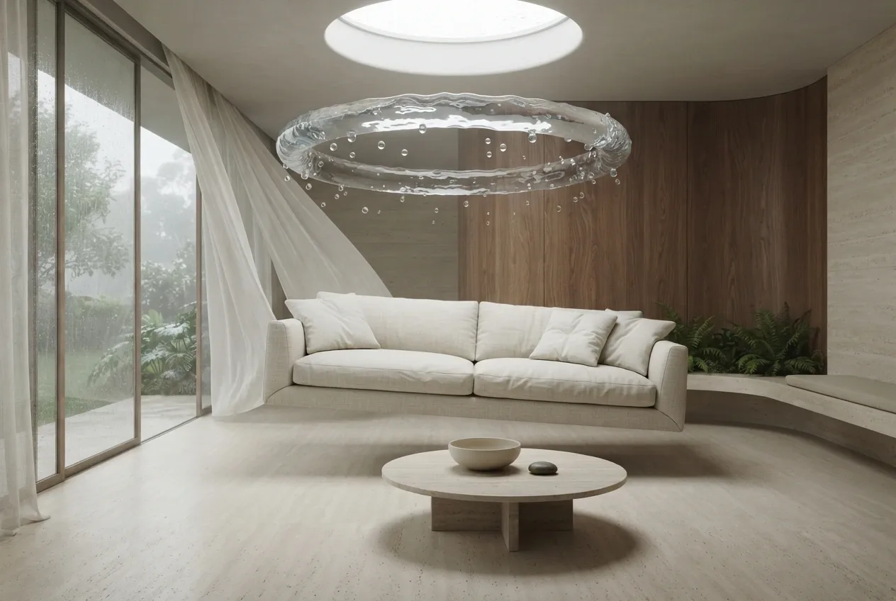 Interior ruang keluarga surreal dengan sofa linen ivory melayang di atas lantai batu kapur, meja travertine bundar, cincin air transparan di bawah skylight, dan jendela taman berkabut.