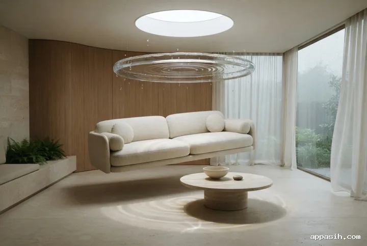 Interior surreal ruang keluarga dengan sudut rendah memperlihatkan sofa linen ivory melayang, meja travertine bertekstur, cincin air transparan di bawah skylight bundar, serta cahaya sore di jendela berkabut.