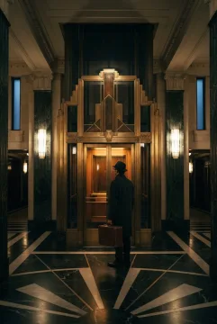 Lift kaca Art Deco berbingkai kuningan di lobi hotel mewah tengah malam, dengan seorang tamu berjas panjang membawa koper kulit di atas lantai marmer geometris bercahaya amber.