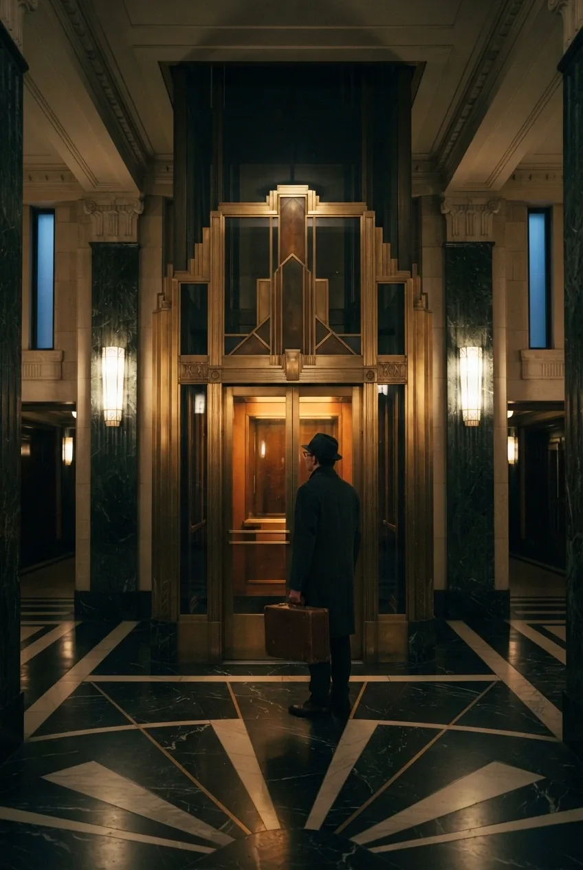 Lift kaca Art Deco berbingkai kuningan di lobi hotel mewah tengah malam, dengan seorang tamu berjas panjang membawa koper kulit di atas lantai marmer geometris bercahaya amber.