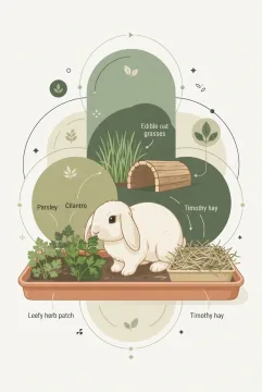 Infografis ilustratif kelinci mini lop krem yang mengendus daun parsley di taman hijauan bertingkat, dikelilingi wadah jerami, rumput, terowongan kayu, serta elemen grafis geometris berwarna sage green dan terracotta.