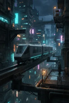 Trem kargo listrik otomatis berwarna grafit melintasi rel elektromagnetik layang di antara gedung industri kota cyberpunk yang basah oleh hujan, diterangi cahaya neon cyan dan magenta.