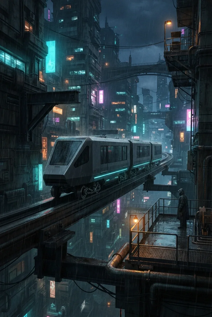 Trem kargo listrik otomatis berwarna grafit melintasi rel elektromagnetik layang di antara gedung industri kota cyberpunk yang basah oleh hujan, diterangi cahaya neon cyan dan magenta.