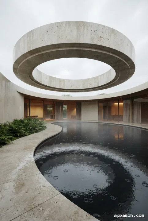 Sudut rendah tiga perempat rumah courtyard surreal dengan cincin atap batu kapur raksasa melayang di atas kolam refleksi, menampilkan detail lantai basah, riak hujan, taman pakis, fasad kaca melengkung, dan cahaya interior hangat.