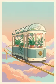 Retro illustration of a cream and teal greenhouse tram filled with lush ferns, resting on a floating golden railway above peach and lavender clouds beneath a softly glowing pastel sky.