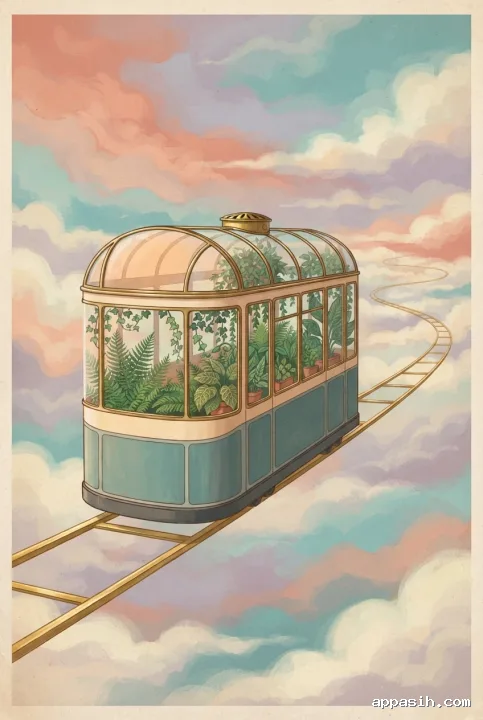 Detailed retro illustration from a low three-quarter angle of a cream-and-teal floating greenhouse tram with brass-framed glass windows and lush terracotta-potted ferns, suspended on a golden railway above dreamy lavender, peach, and turquoise clouds.