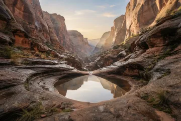 Cinematic landscape of a copper sandstone canyon after rainfall, featuring a still reflective pool, curved wet rock terraces, distant mist, and golden evening sunlight between towering canyon walls.