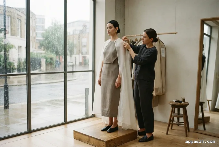 Close low three-quarter fine art fashion photograph of an anonymous stylist carefully settling a translucent ivory organza cape over a model's sculptural taupe linen dress in a quiet limestone atelier beside a rain-streaked window.