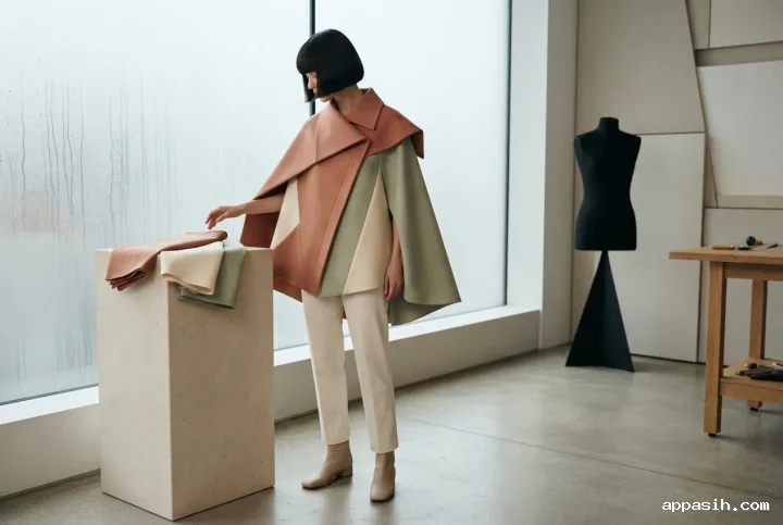 Tampilan dekat sudut rendah tiga perempat seorang model anonim dengan cape geometris terracotta, ivory, dan sage, memperlihatkan kerah asimetris dan lipatan segitiga di atelier modern Graphic Geometric.