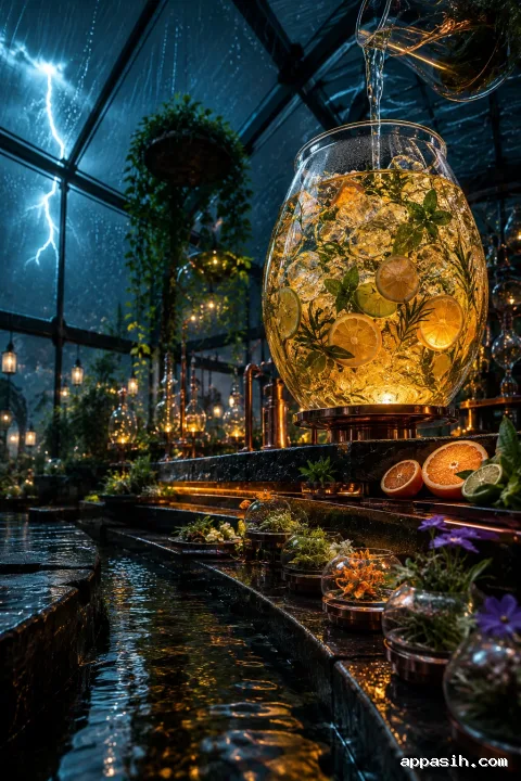 Cinematic citrus and herb infusion glowing above wet stone terraces inside a storm-lit greenhouse tasting pavilion.